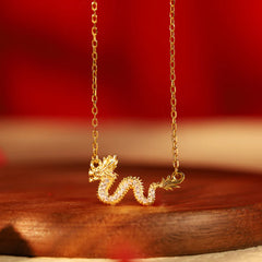 925 Sterling Silver Year of the Dragon Auspicious Golden Dragon Luck Chain Necklace Pendant
