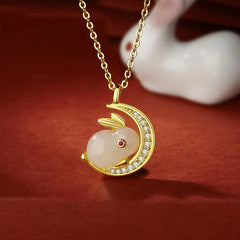 925 Sterling Silver White Jade Rabbit Crescent Moon Luck Necklace Pendant