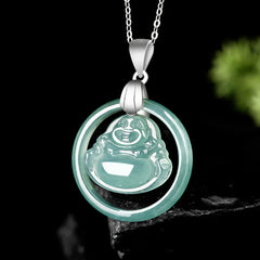 925 Sterling Silver Natural Jade Round Laughing Buddha Abundance Necklace Pendant