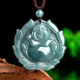 Renbeads Natural Jade Laughing Buddha Lotus Pattern Luck Necklace Pendant