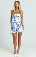 Catharine Mini Dress - Strapless A Line Dress in Blue Floral