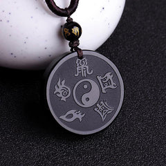 Renbeads Natural Black Obsidian Taoism Five Sacred Mountains Nine-Character Mantra Carved Strength Yin Yang Necklace Pendant Key Chain