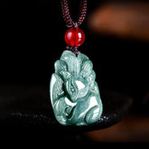 Natural Green Jade Nine-Tailed Fox Engraved Prosperity Necklace Pendant