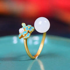 White Jade 925 Sterling Silver Pearl Flower Blessing Necklace Pendant Ring Earrings