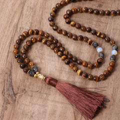 Renbeads Tibetan Tiger Eye Buddha Strength Power Beaded Tassel Pendant Necklace
