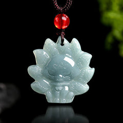 Natural Green Jade Nine Tailed Fox Abundance Necklace Pendant
