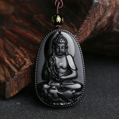 Chinese Zodiac Buddha Natural Black Obsidian Purification Necklace Pendant