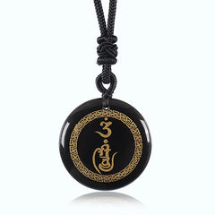 Swastika Pattern Protection Mantra Natural Various Crystal Black Obsidian Purification Necklace Pendant