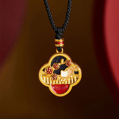 925 Sterling Silver Plum Blossom Cat Four Leaf Clover Blessing Necklace Pendant