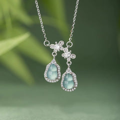 925 Sterling Silver Green Jade Double Gourd Butterfly Luck Necklace Pendant