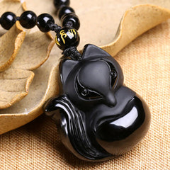 Natural Black Obsidian Tiger Eye Ice Obsidian Fox Pendant Amulet Necklace