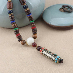 Tibetan Om Mani Padme Hum Dzi Bead Wenge Wood Necklace Pendant