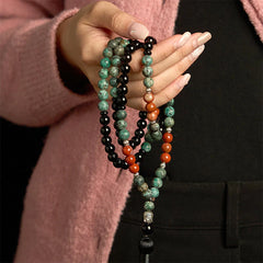 Renbeads 108 Mala Natural Black Onyx Red Jasper Turquoise Beads Buddha Head Tassel Protection Bracelet