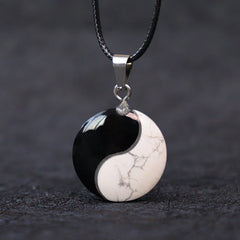 Natural Black Obsidian White Turquoise Yin Yang Rope Necklace Pendant