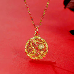 925 Sterling Silver Year Of The Dragon Auspicious Clouds Hetian Jade Inlaid Luck Necklace Pendant