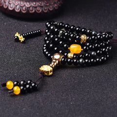 108 Beads Natural Black Obsidian Lotus Fulfillment Mala Bracelet