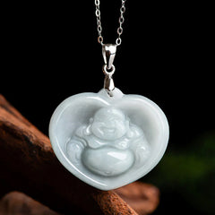 925 Sterling Silver Laughing Buddha White Jade Luck Necklace Pendant
