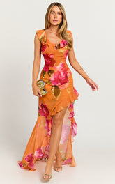 Theadore Maxi Dress - One Shoulder Asymmetric Hem Dress in Tropical Sunset
