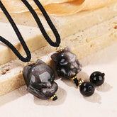 Natural Silver Sheen Obsidian Nine-Tailed Fox Protection Necklace Pendant
