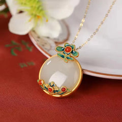 White Jade Red Agate Flower Luck Necklace Pendant