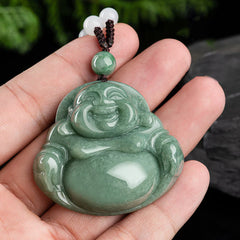 Renbeads Laughing Buddha Cyan Jade Harmony Necklace String Bead Pendant