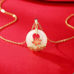 Renbeads 925 Sterling Silver Hetian White Jade Lotus Flower Blessing Necklace Pendant