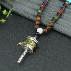 Tibetan Om Mani Padme Hum Prayer Wheel Rotating Vajra Wood Necklace Pendant
