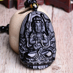 Chinese Zodiac Obsidian Buddha Amulet Protection Necklace