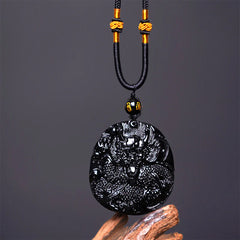 Natural Black Obsidian Round Dragon Carved Protection Necklace Pendant