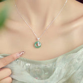 925 Sterling Silver Jade Ginkgo Peace Buckle Ruyi Lock Necklace Pendant
