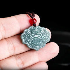 Lotus Pattern Carved Jade Abundance Prosperity Necklace Pendant with Rope