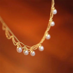 Vintage 14K Gold Plated Pearl Bead Healing Multilayer Necklace Pendant