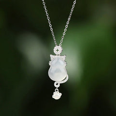 925 Sterling Silver 14k Gold White Jade Gourd Cat Necklace Pendant