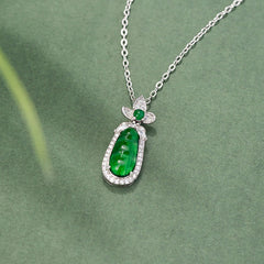 925 Sterling Silver Cyan Jade Pea Design Luck Healing Necklace Pendant
