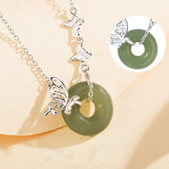 925 Sterling Silver Natural Jade Peace Buckle Butterfly Luck Prosperity Bracelet Necklace Pendant