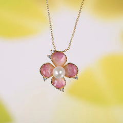 925 Sterling Silver Pearl Red Flower Petals Design Necklace Pendant Earrings Set