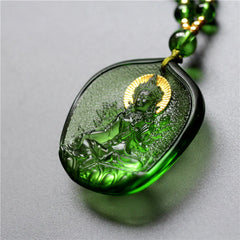 Tibetan Green Tara Buddha Gold Plated Liuli Crystal Protection Necklace Pendant
