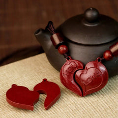 2Pcs LOVE YOU Natural Cinnabar Heart-shaped String Blessing Couple Necklace Pendant