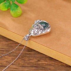 999 Sterling Silver Laughing Buddha Cyan Jade Lotus Necklace Pendant