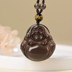 Natural Black Obsidian Ice Obsidian Laughing Buddha Purification Necklace Pendant