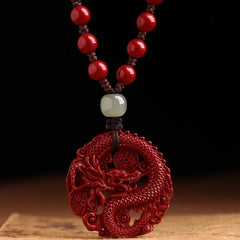 Year Of The Dragon Natural Cinnabar Jade Bead Copper Coin Wealth - Attracting Necklace Pendant
