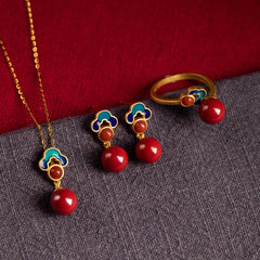 925 Sterling Silver Plated Gold Cinnabar Red Agate Jewelry Set