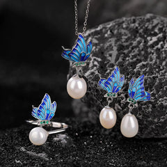 Renbeads 925 Sterling Silver Pearl Butterfly Healing Necklace Pendant Earrings Ring