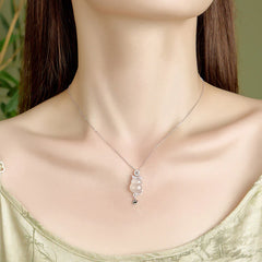 925 Sterling Silver 14k Gold White Jade Gourd Cat Necklace Pendant