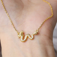 925 Sterling Silver Year of the Dragon Auspicious Golden Dragon Luck Chain Necklace Pendant