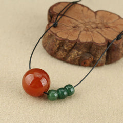 Red Agate, Green Aventurine, and Green Bodhi Seed Bead Leather Rope Necklace Pendant