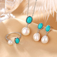 925 Sterling Silver Pearl Turquoise Healing Necklace Pendant Ring Earrings Set