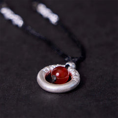Renbeads 999 Sterling Silver Red Agate Peace Buckle Blessing Necklace Pendant