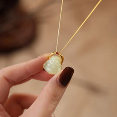 Renbeads 925 Sterling Silver Natural Hetian Jade Laughing Buddha Abundance Chain Necklace Pendant