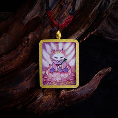 Tibetan Nine-Tailed Fox Yellow God of Wealth Painted Thangka Hope Necklace Pendant